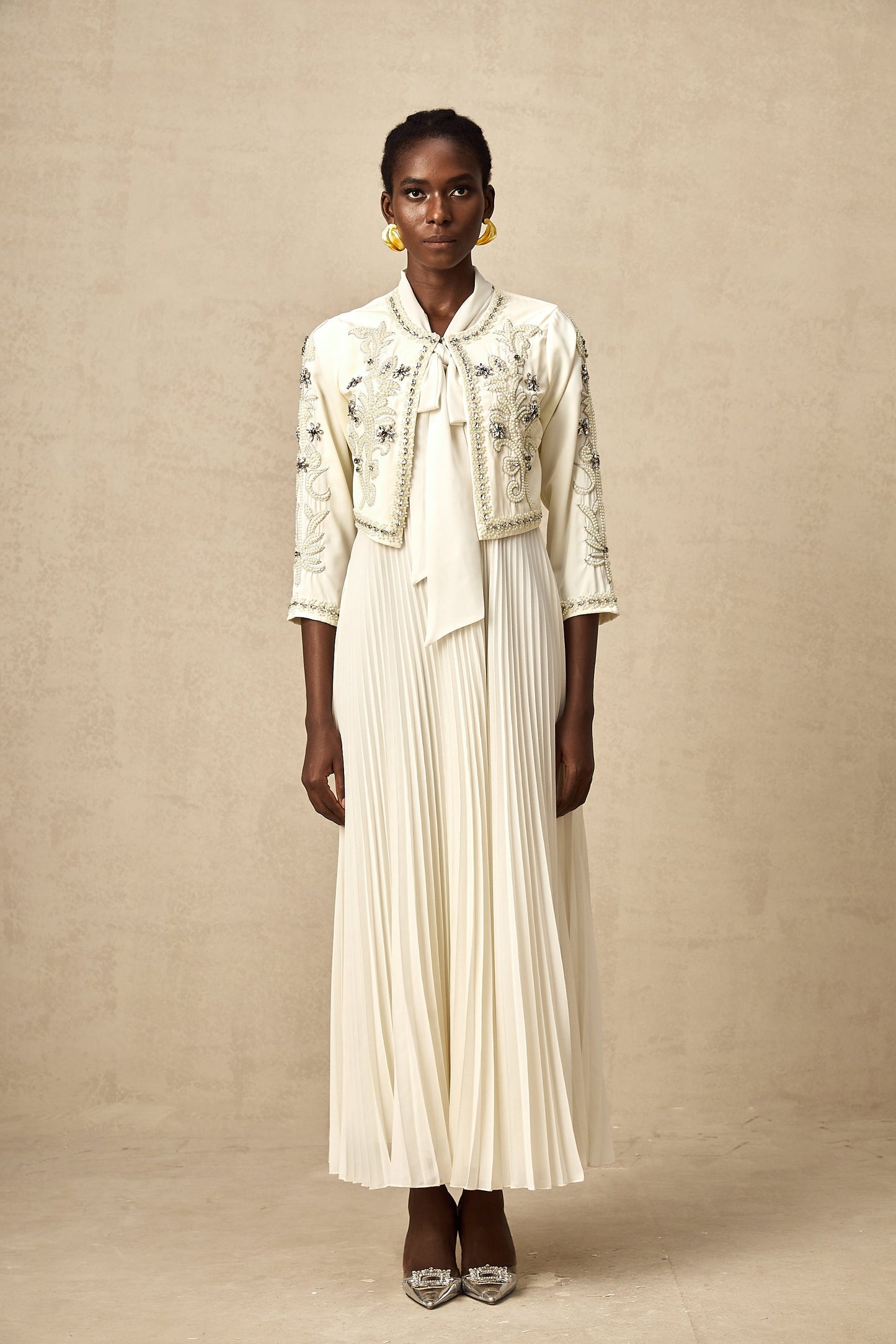 Blanche White Embellished Pleated Two-Piece Jacket and Dress Set