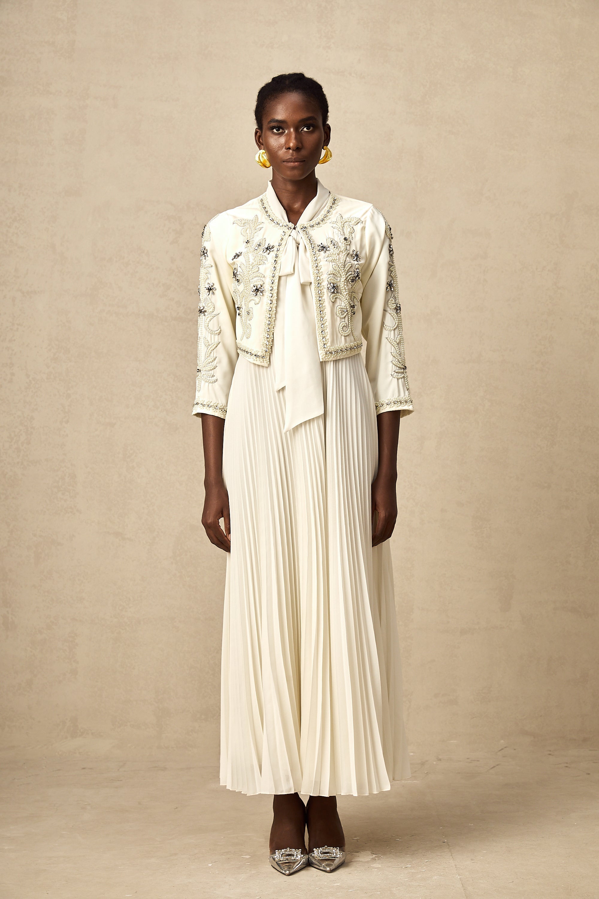 Blanche White Embellished Pleated Two-Piece Jacket and Dress Set