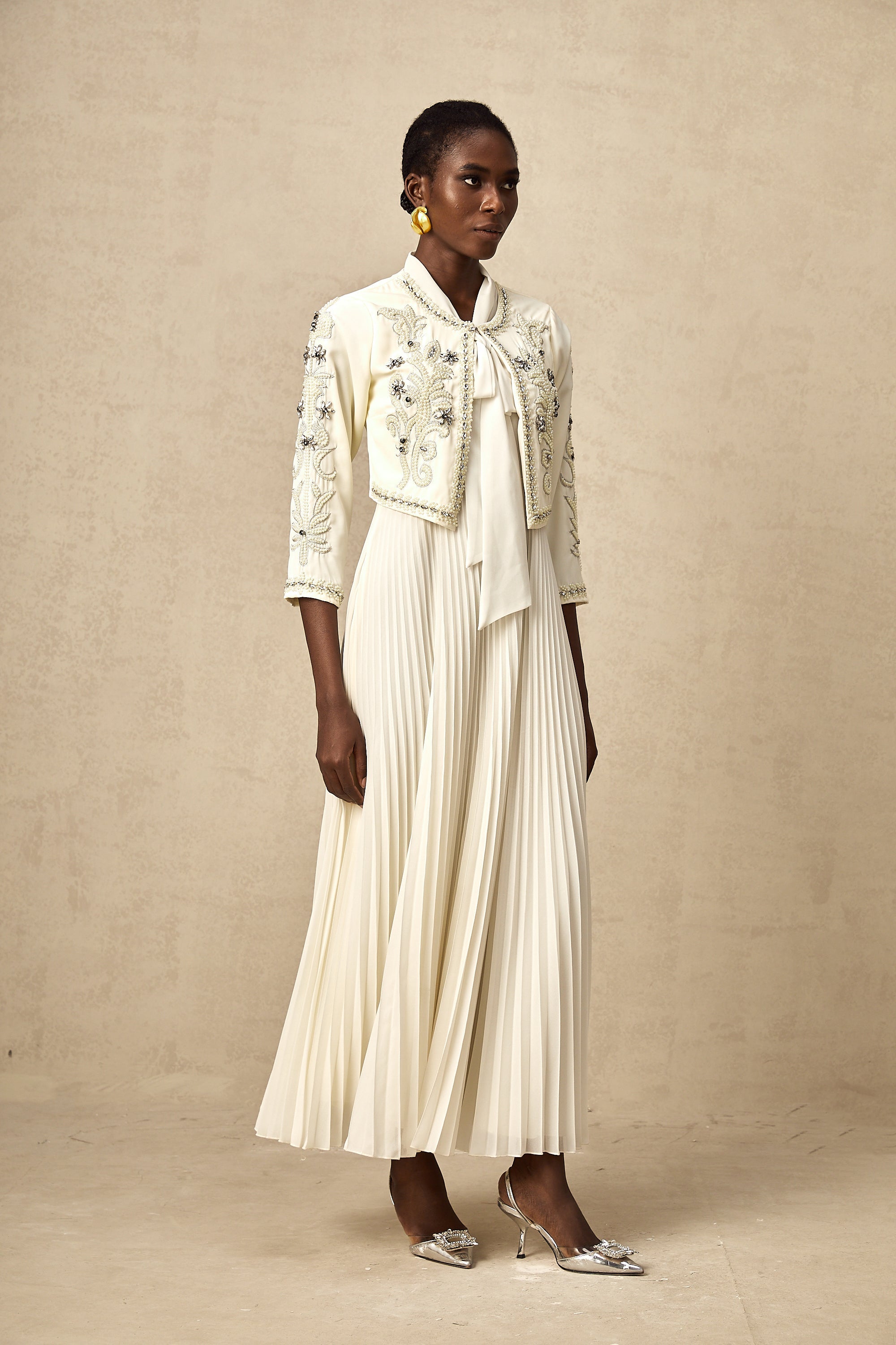 Blanche White Embellished Pleated Two-Piece Jacket and Dress Set