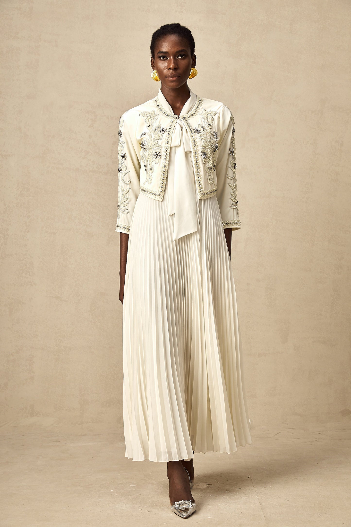 Blanche White Embellished Pleated Two-Piece Jacket and Dress Set
