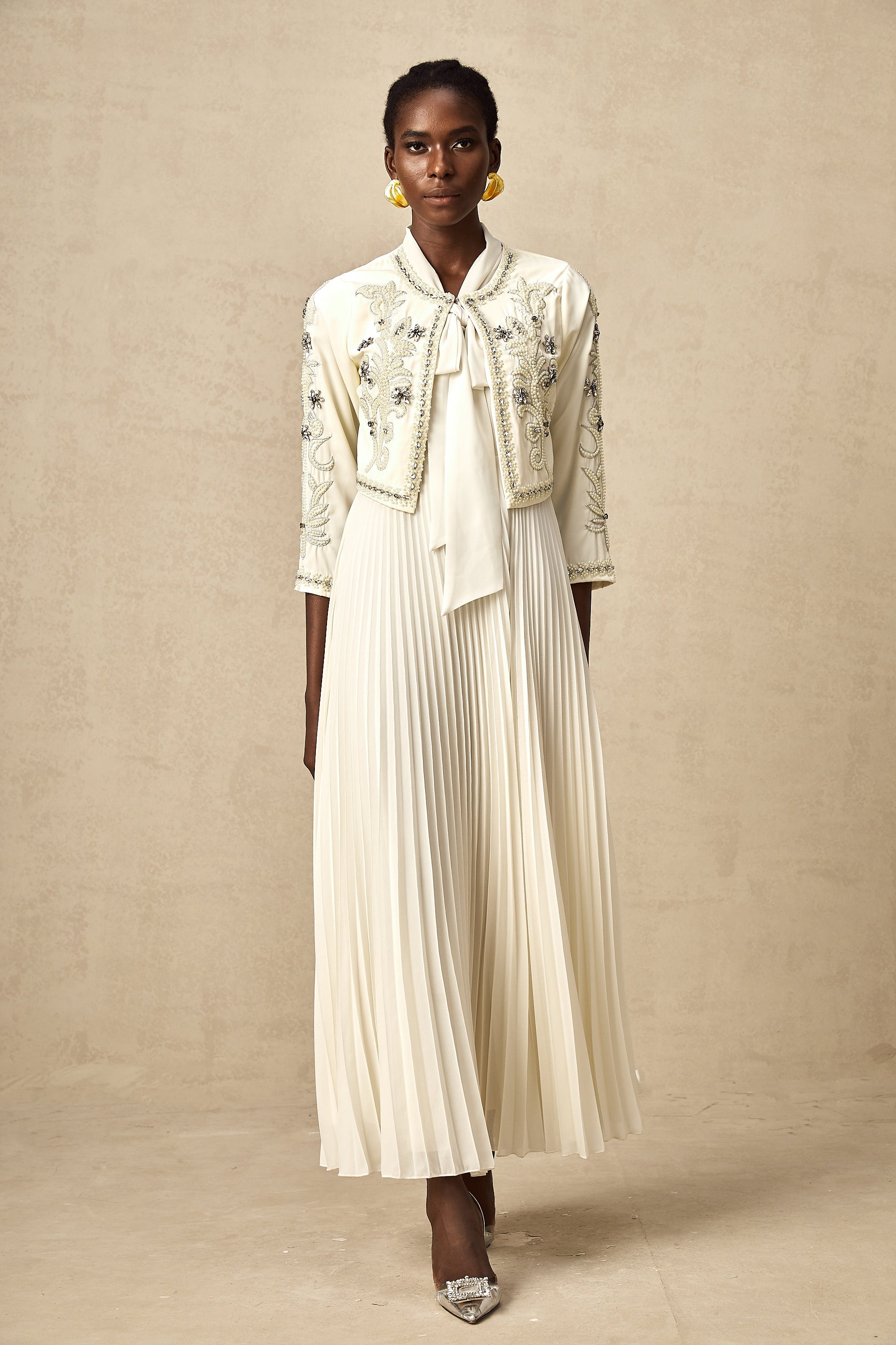 Blanche White Embellished Pleated Two-Piece Jacket and Dress Set