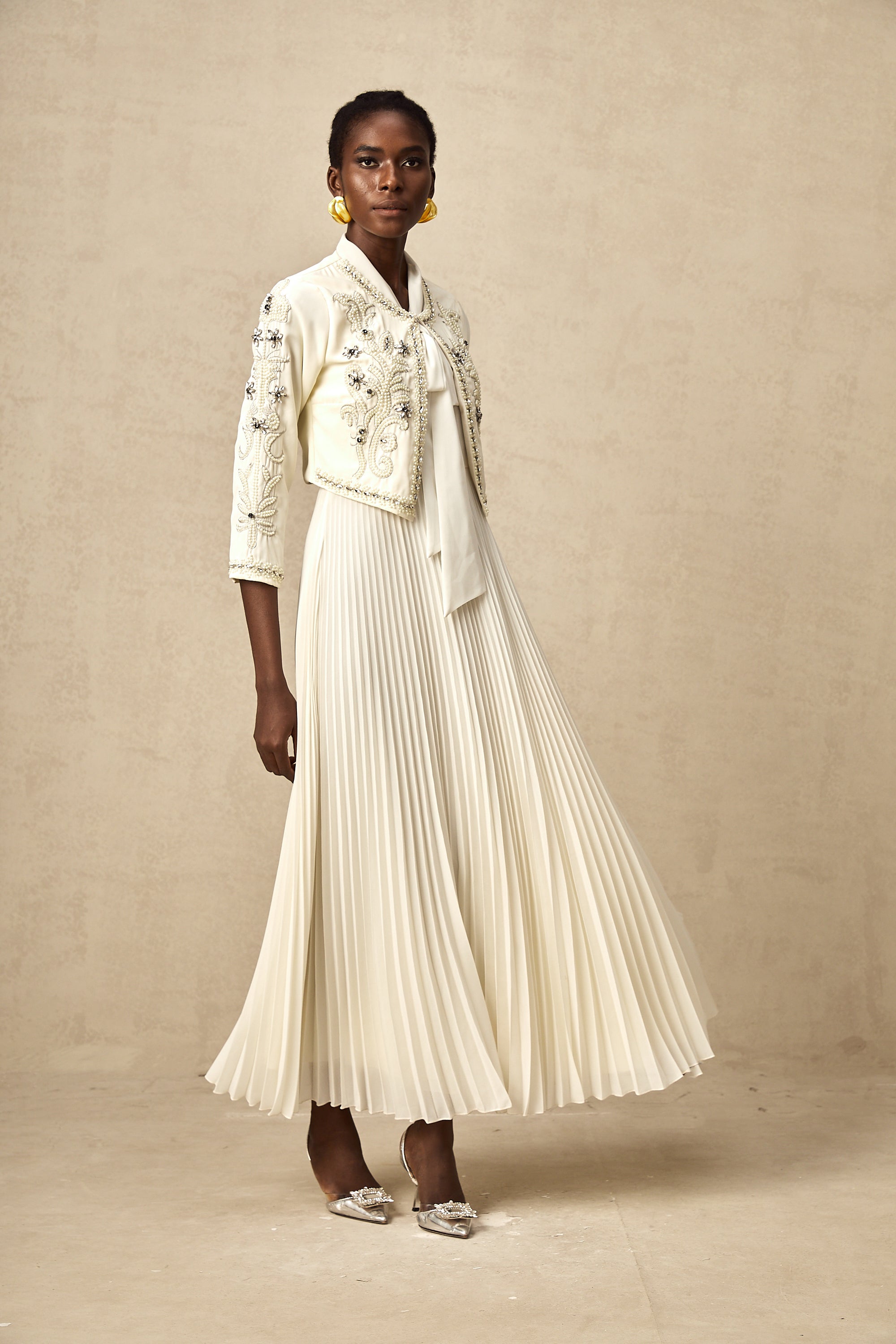 Blanche White Embellished Pleated Two-Piece Jacket and Dress Set