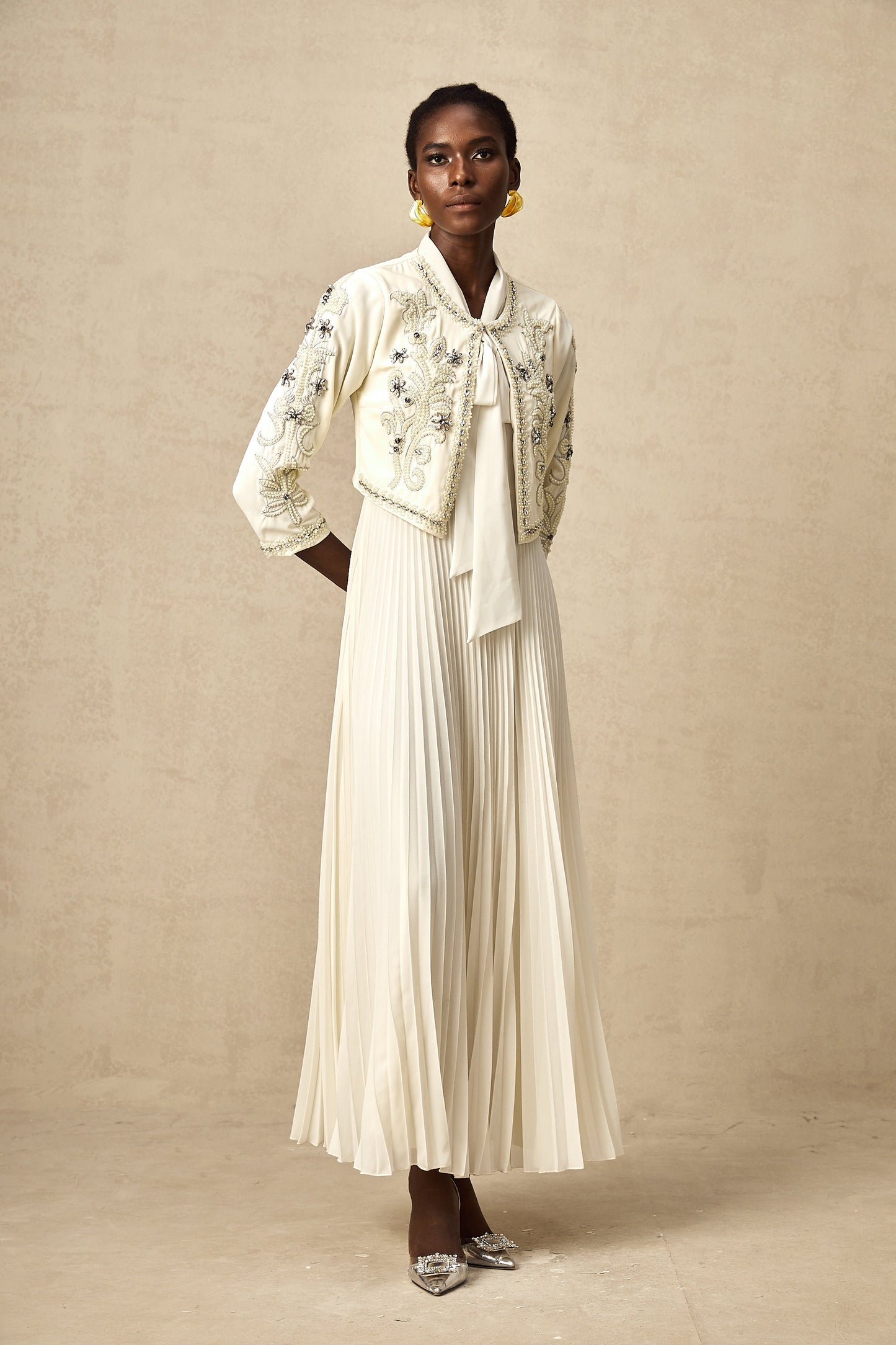 Blanche White Embellished Pleated Two-Piece Jacket and Dress Set