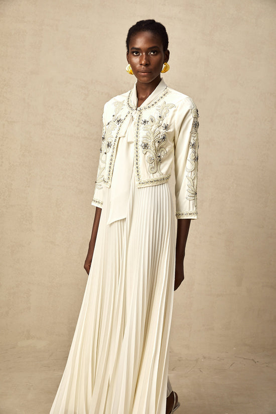 Blanche White Embellished Pleated Two-Piece Jacket and Dress Set