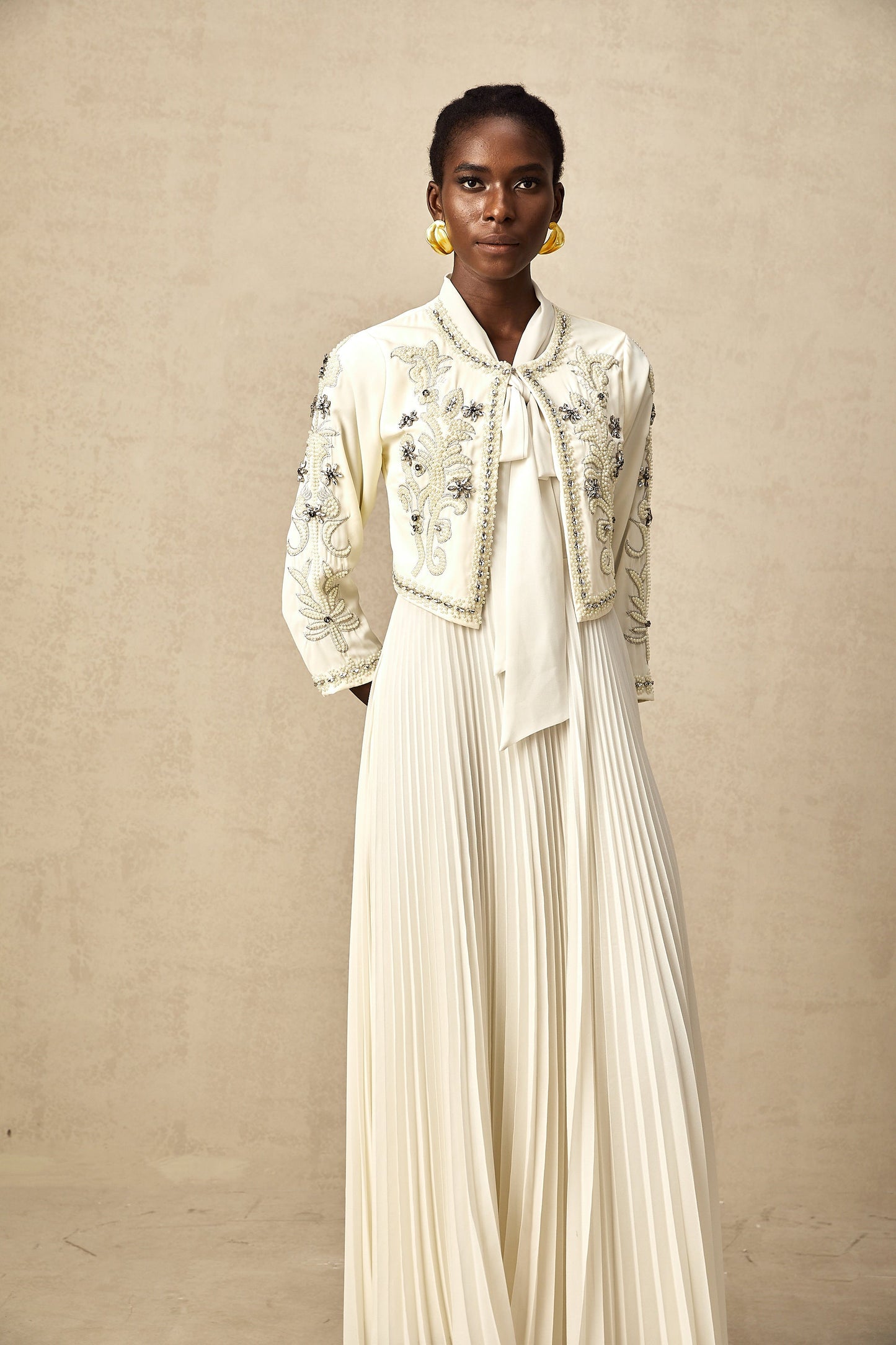 Blanche White Embellished Pleated Two-Piece Jacket and Dress Set