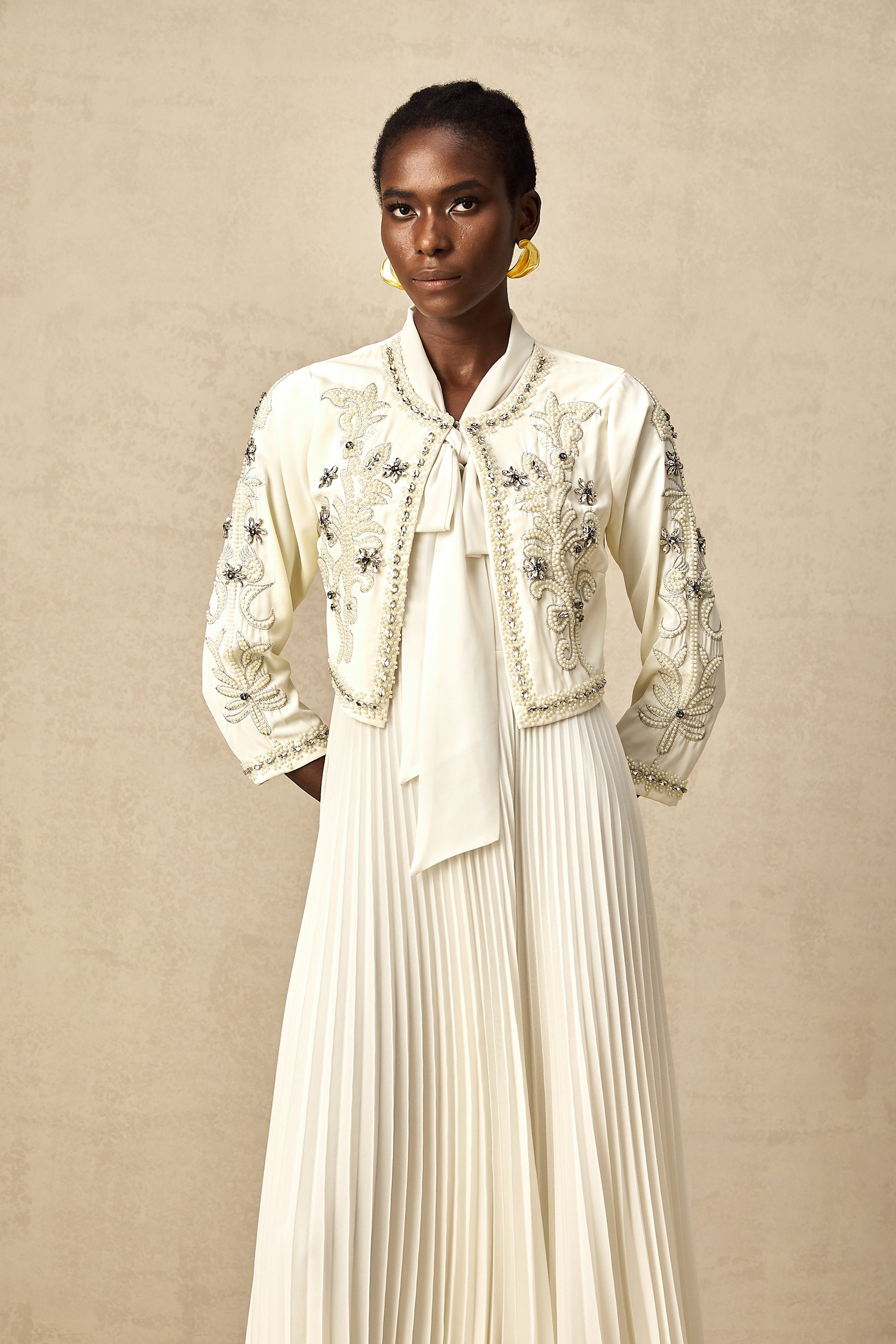 Blanche White Embellished Pleated Two-Piece Jacket and Dress Set