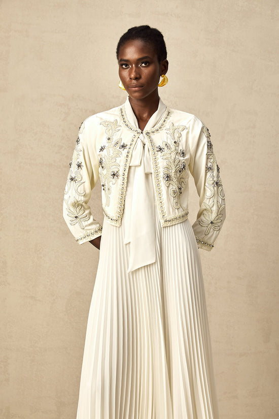 Blanche White Embellished Pleated Two-Piece Jacket and Dress Set
