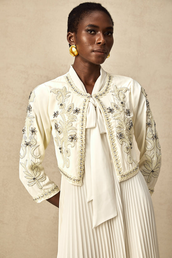 Blanche White Embellished Pleated Two-Piece Jacket and Dress Set