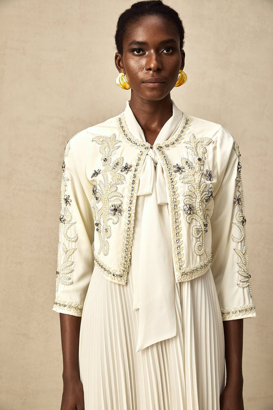 Blanche White Embellished Pleated Two-Piece Jacket and Dress Set