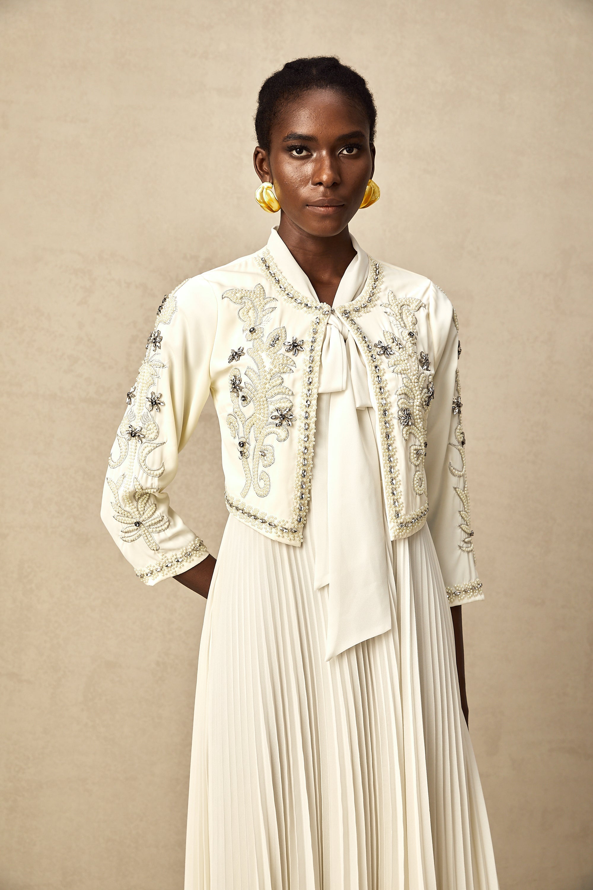 Blanche White Embellished Pleated Two-Piece Jacket and Dress Set