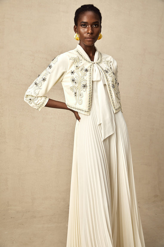 Blanche White Embellished Pleated Two-Piece Jacket and Dress Set