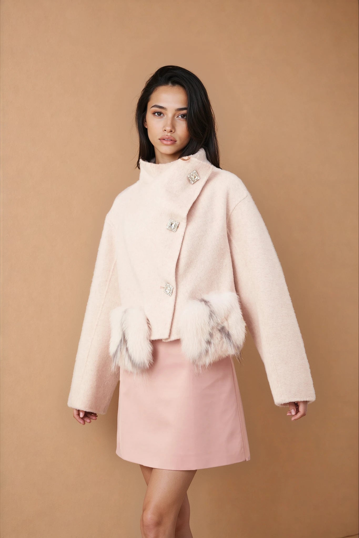 Vienne pink diagonal-placket short coat