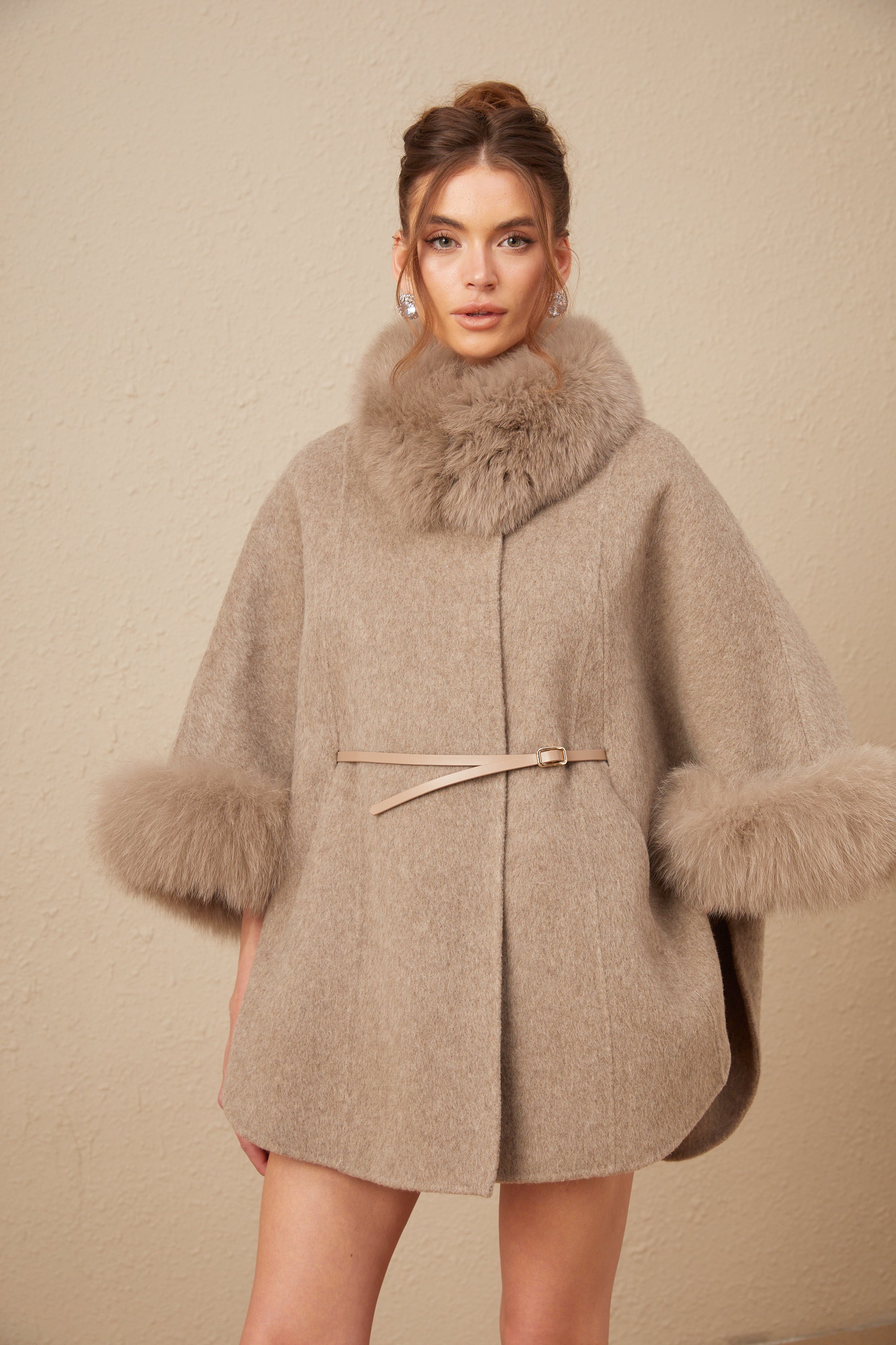 Chloris wool fur belted cape coat in Brown