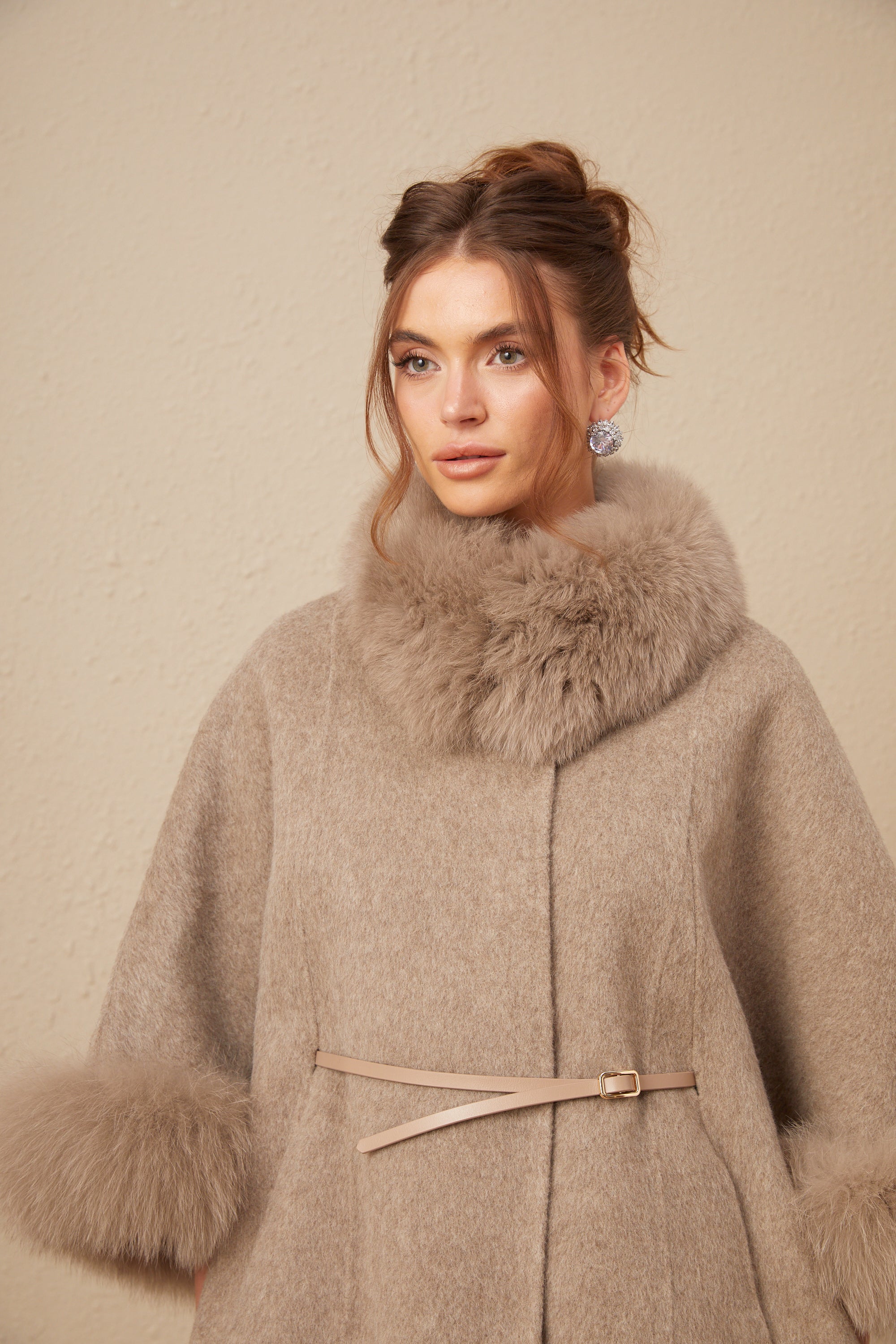 Chloris wool fur belted cape coat in Brown