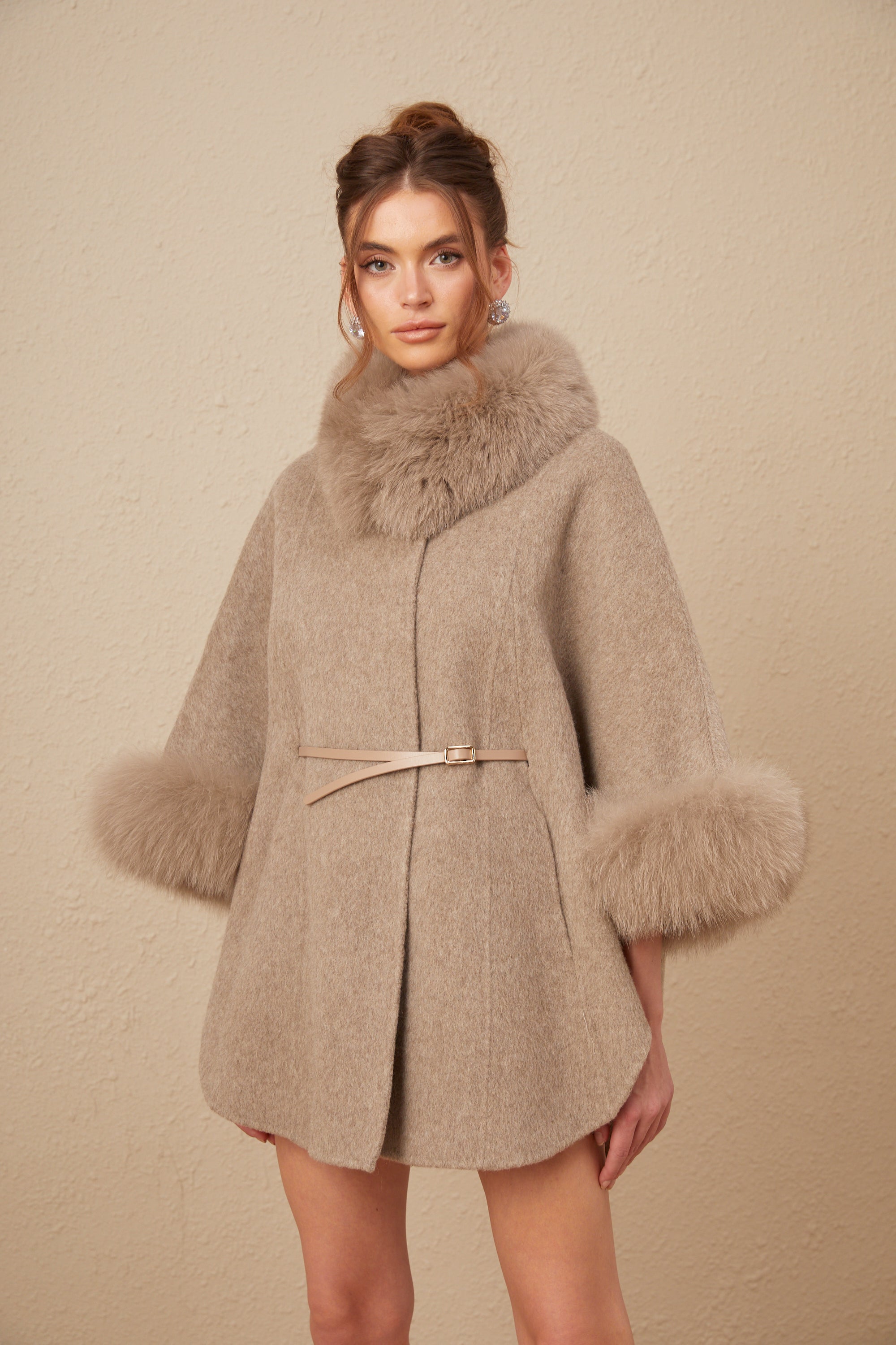 Chloris wool fur belted cape coat in Brown