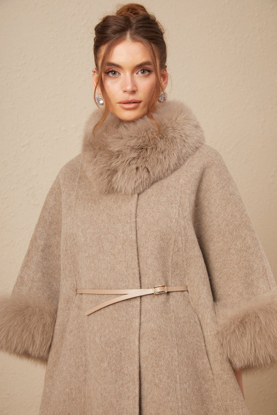 Chloris wool fur belted cape coat in Brown