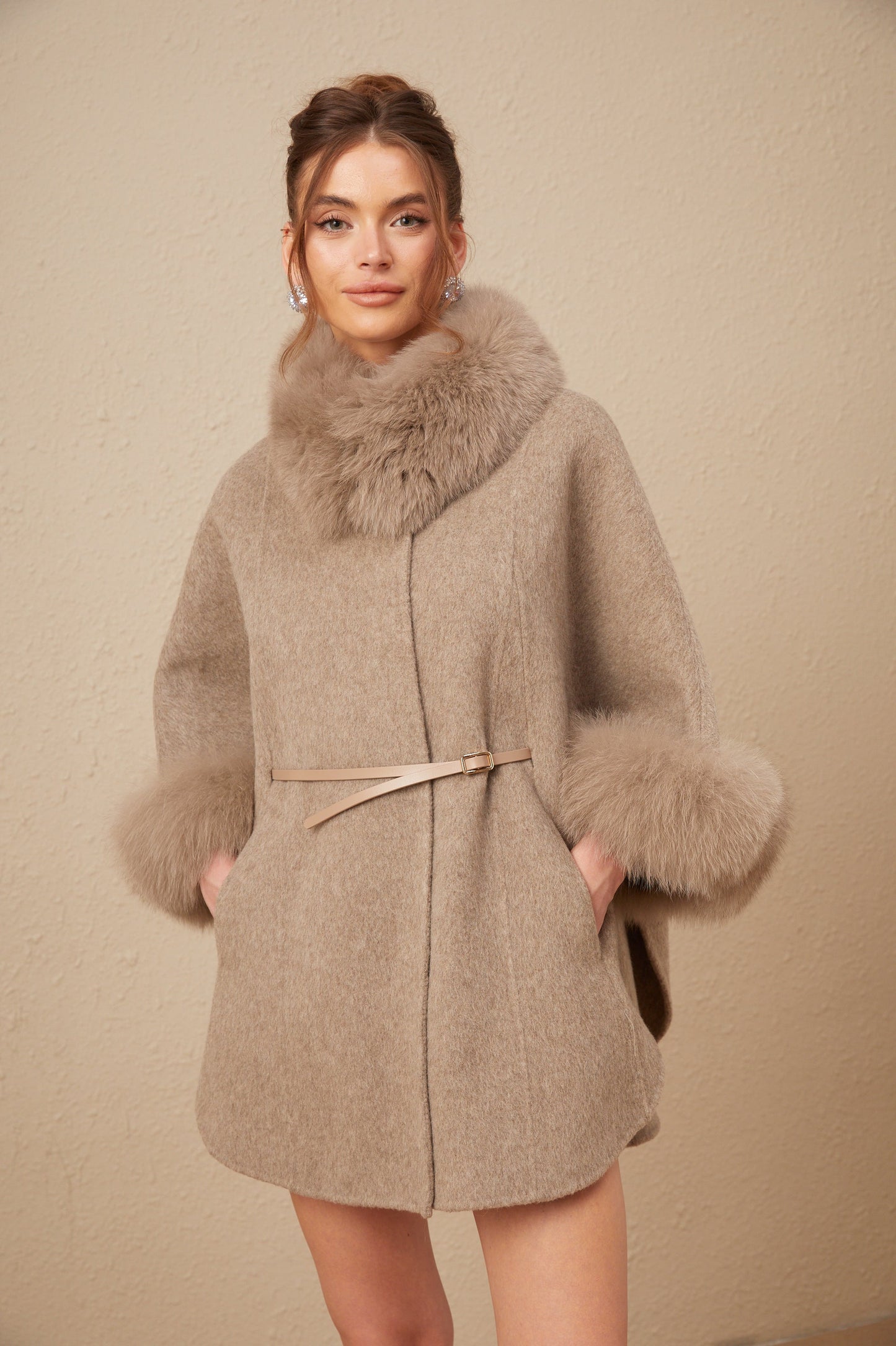 Chloris wool fur belted cape coat in Brown