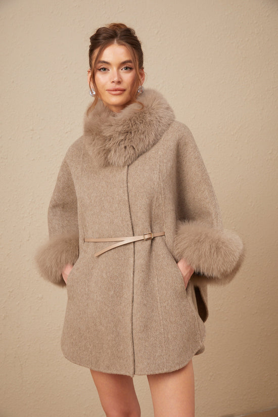 Chloris wool fur belted cape coat in Brown