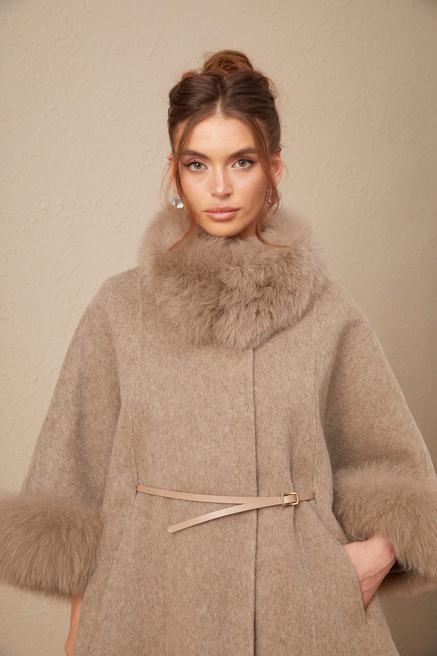 Chloris wool fur belted cape coat in Brown