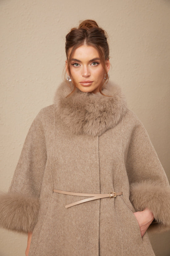 Chloris wool fur belted cape coat in Brown