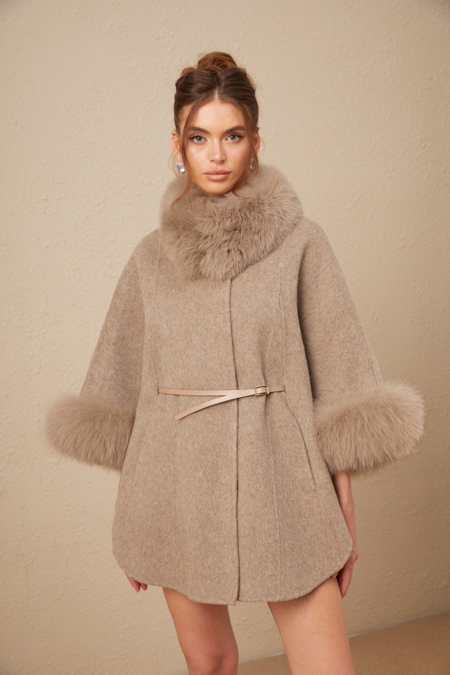 Chloris wool fur belted cape coat in Brown