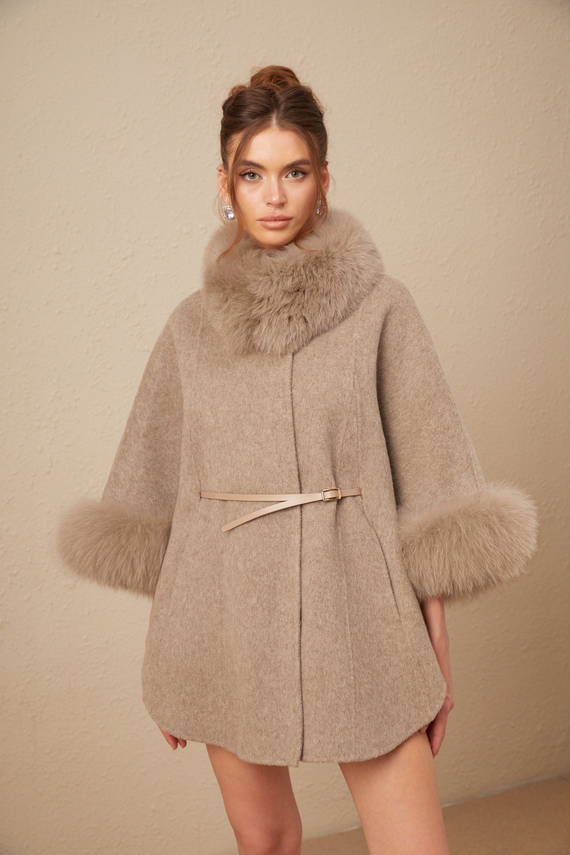 Chloris wool fur belted cape coat in Brown