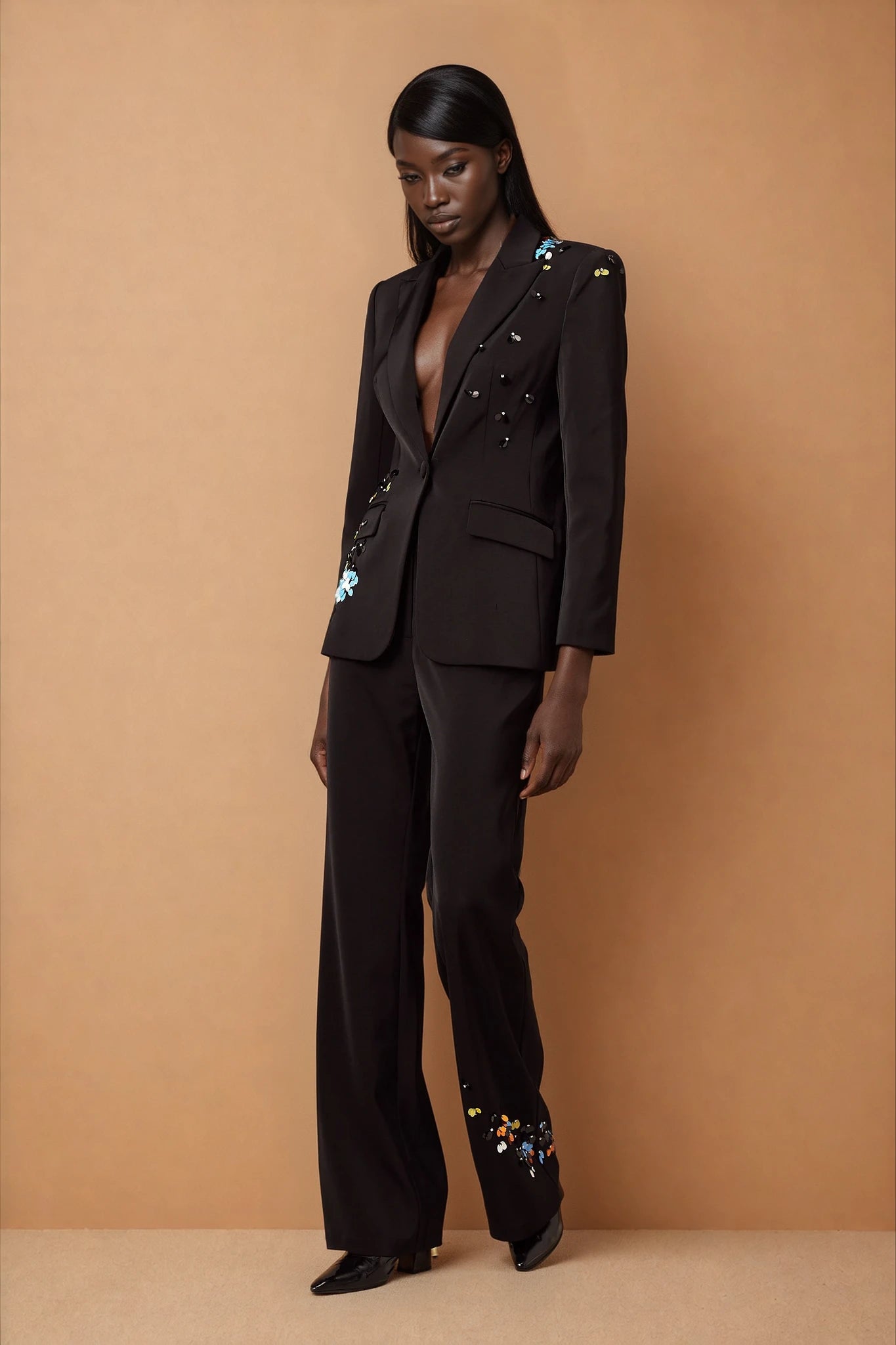Simona black sequined blazer & trousers matching set