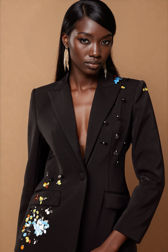 Simona black sequined blazer & trousers matching set