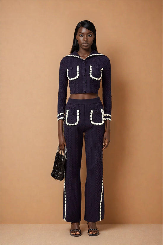 Elvira navy blue crochet-knit cardigan & trousers matching set