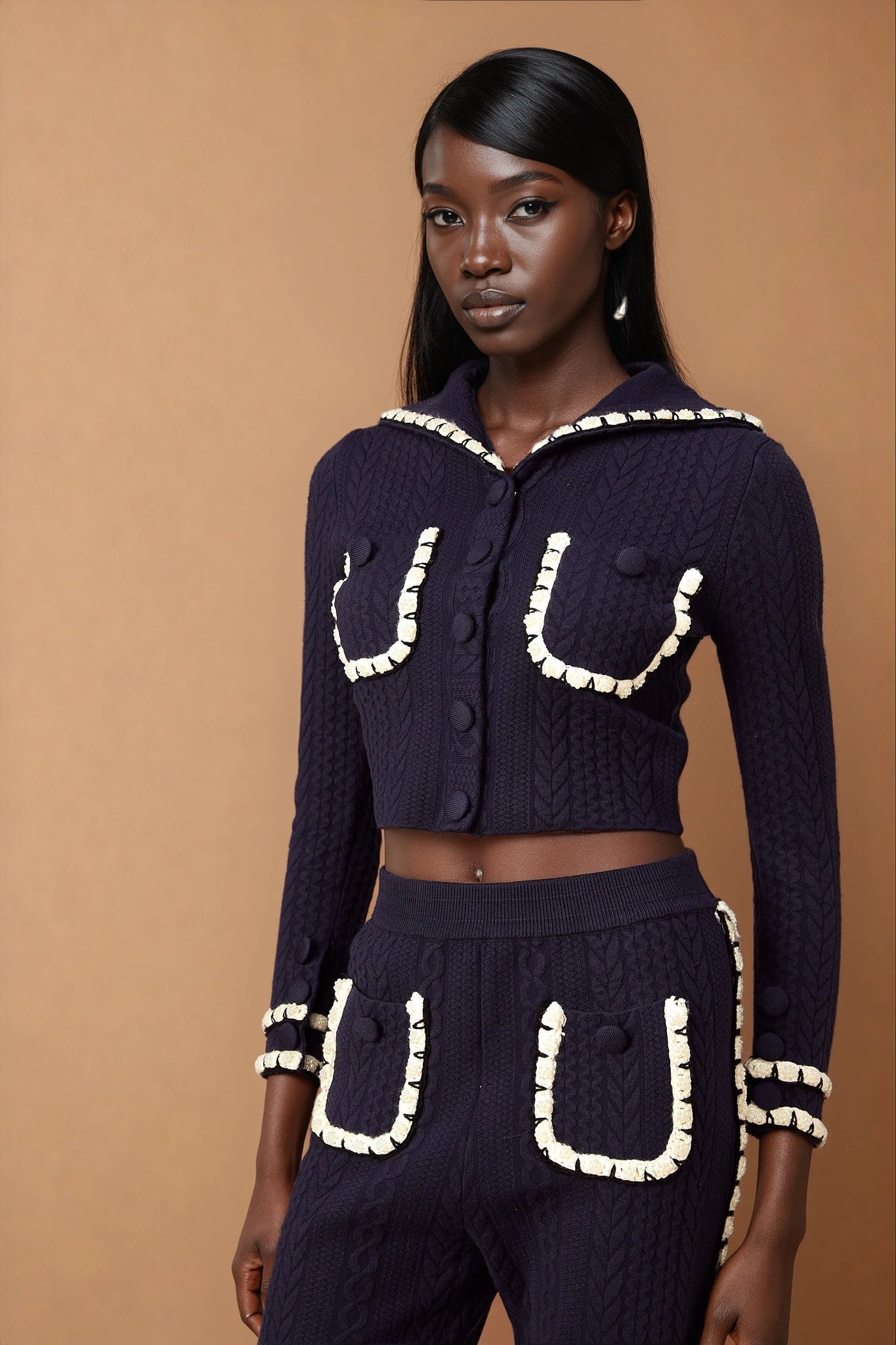 Elvira navy blue crochet-knit cardigan & trousers matching set