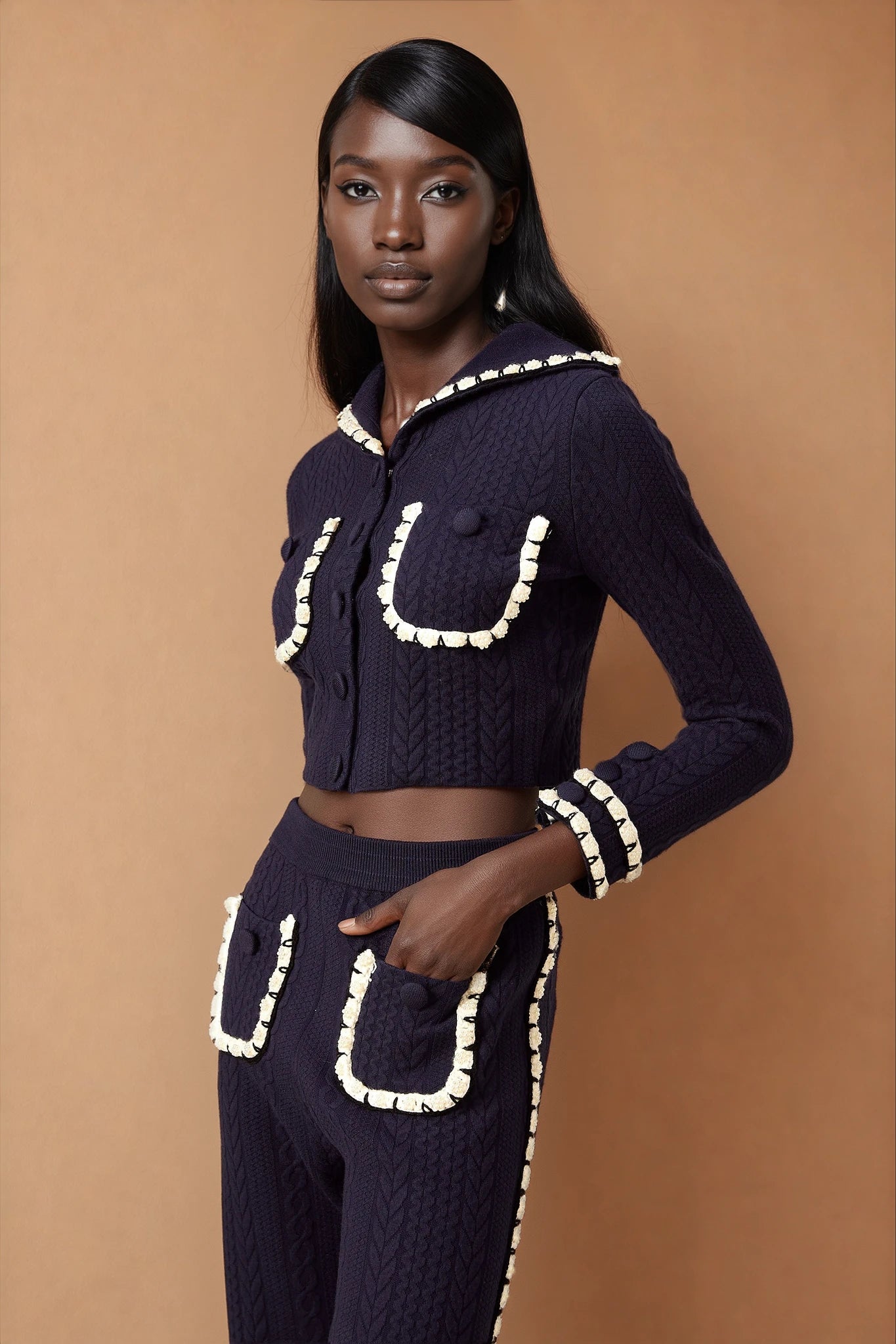 Elvira navy blue crochet-knit cardigan & trousers matching set