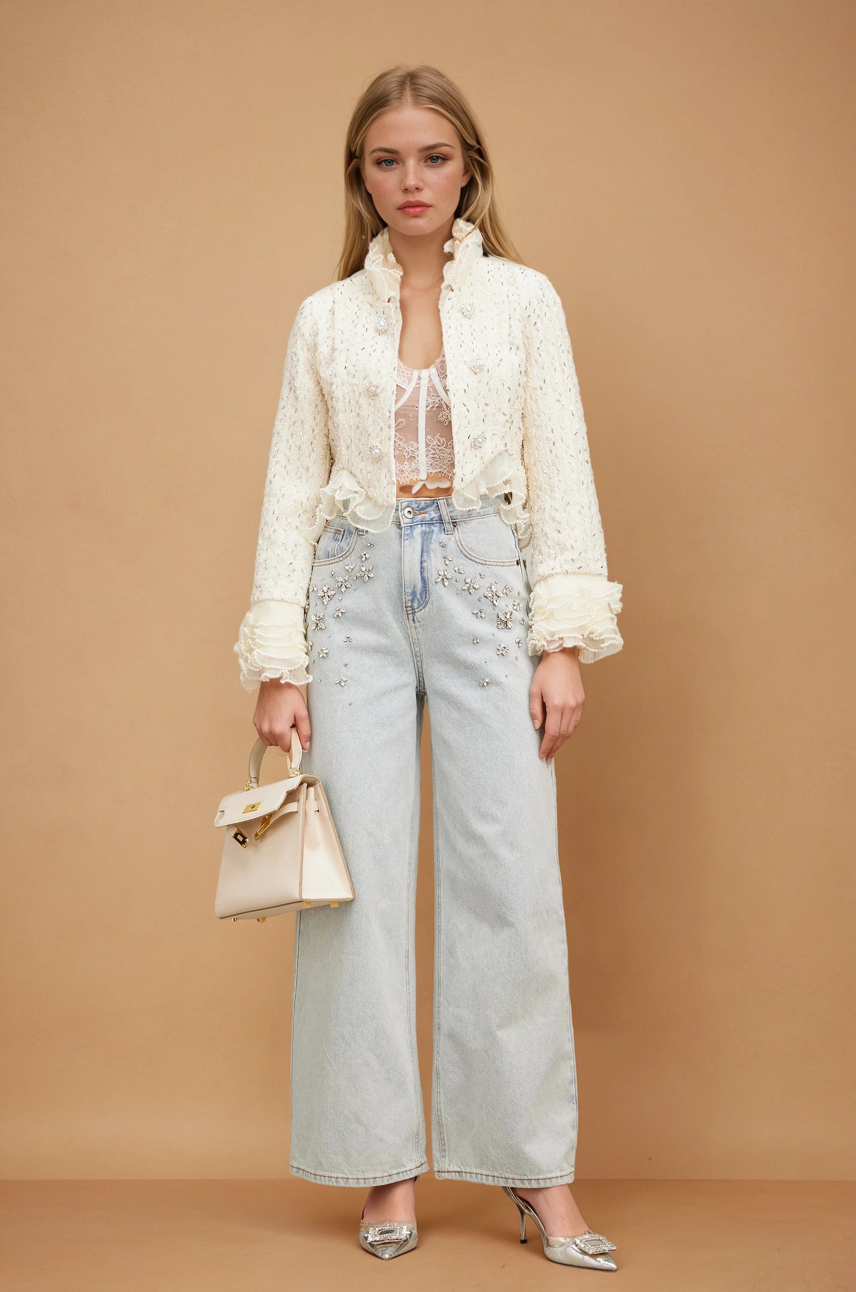 Blanche white beaded ruffle cropped jacket