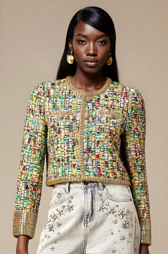 Octavie gold-tone sequined checked tweed jacket