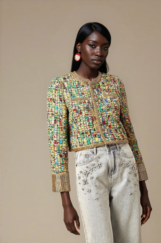 Octavie gold-tone sequined checked tweed jacket