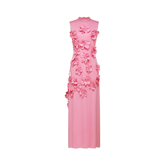 Magali Pink Sleeveless Maxi Dress with Faux Flower & Bow-Tie Embellishment