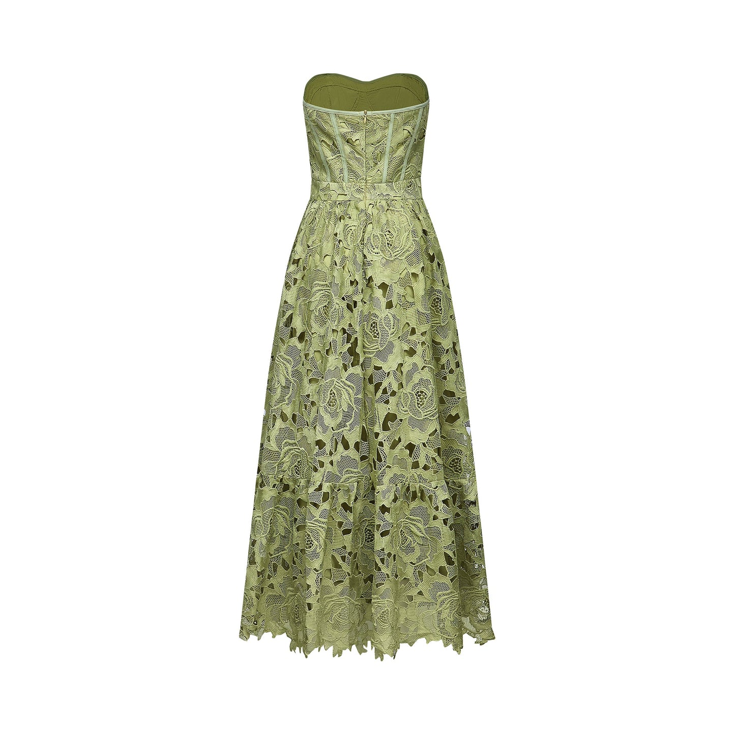 Inès lace floral embroidered cut-out midi dress in Green