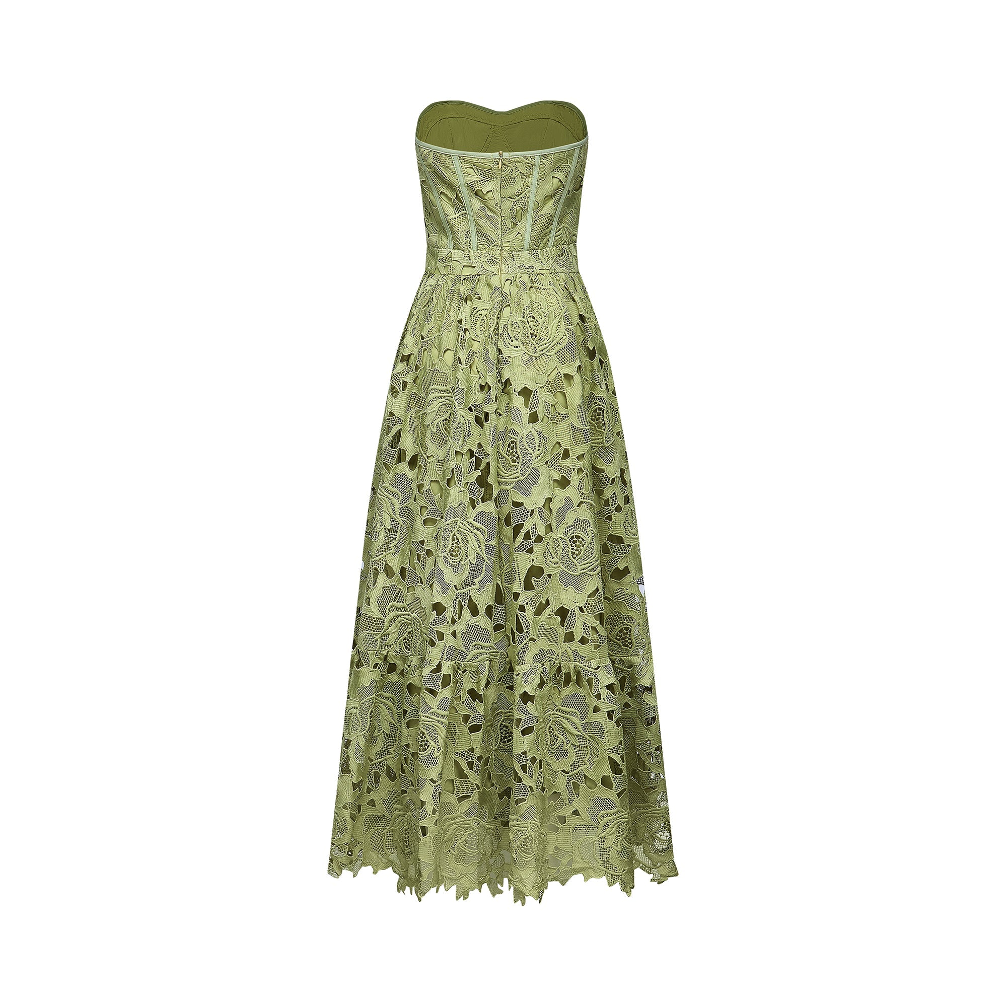 Inès lace floral embroidered cut-out midi dress in Green