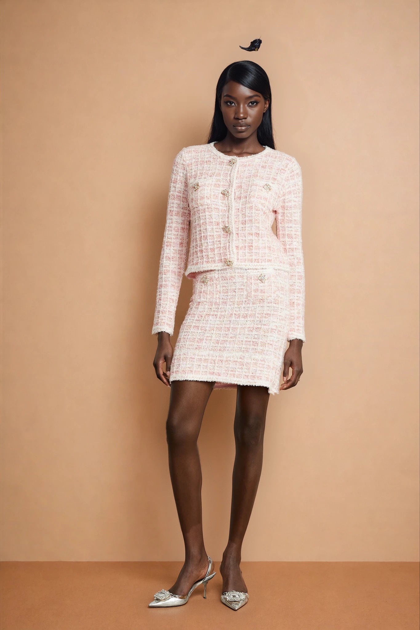 Capucine pink check-pattern cardigan & skirt matching set