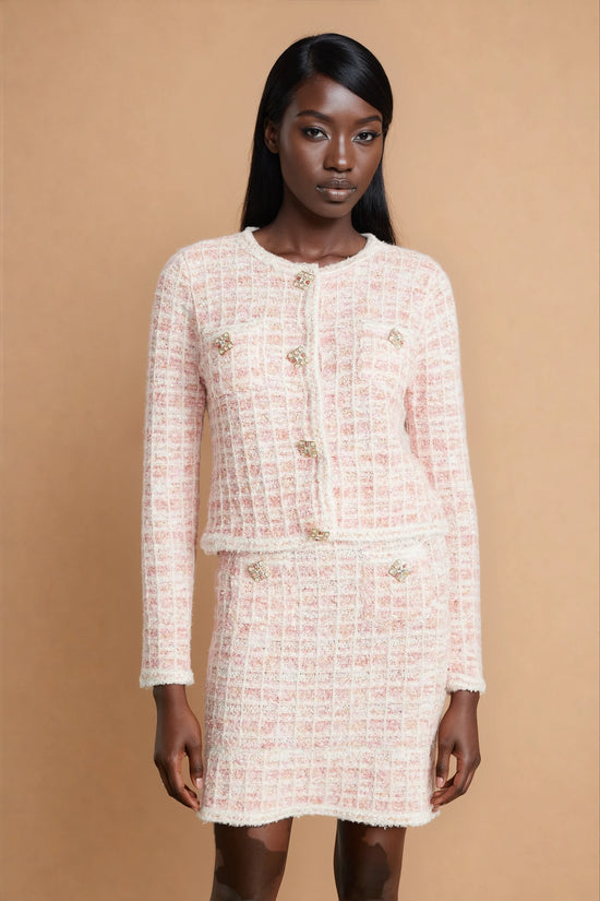 Capucine pink check-pattern cardigan & skirt matching set