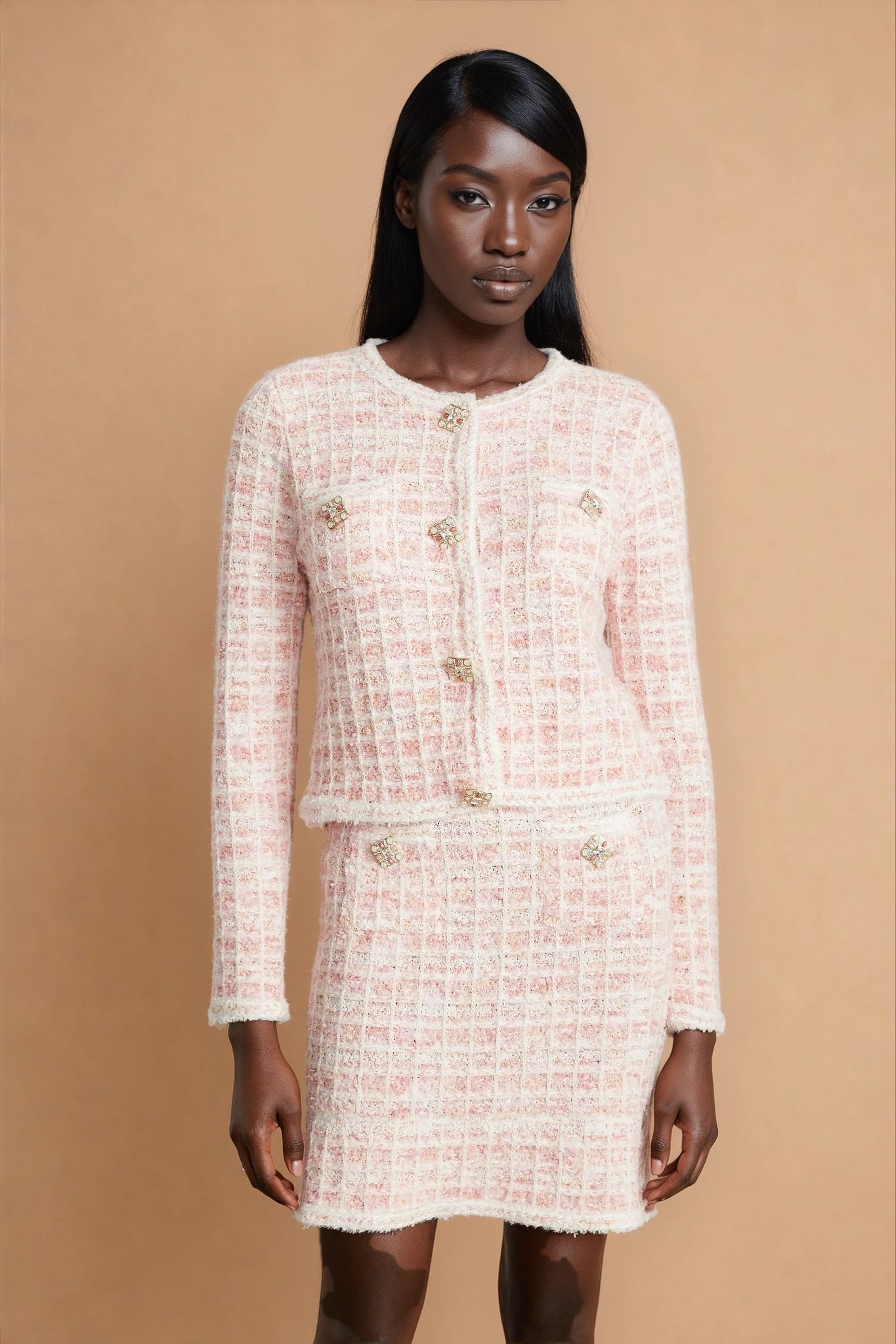Capucine pink check-pattern cardigan & skirt matching set