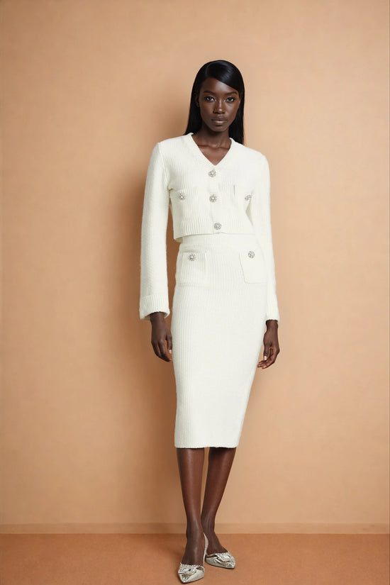 Clarisse white knitted cardigan & skirt matching set