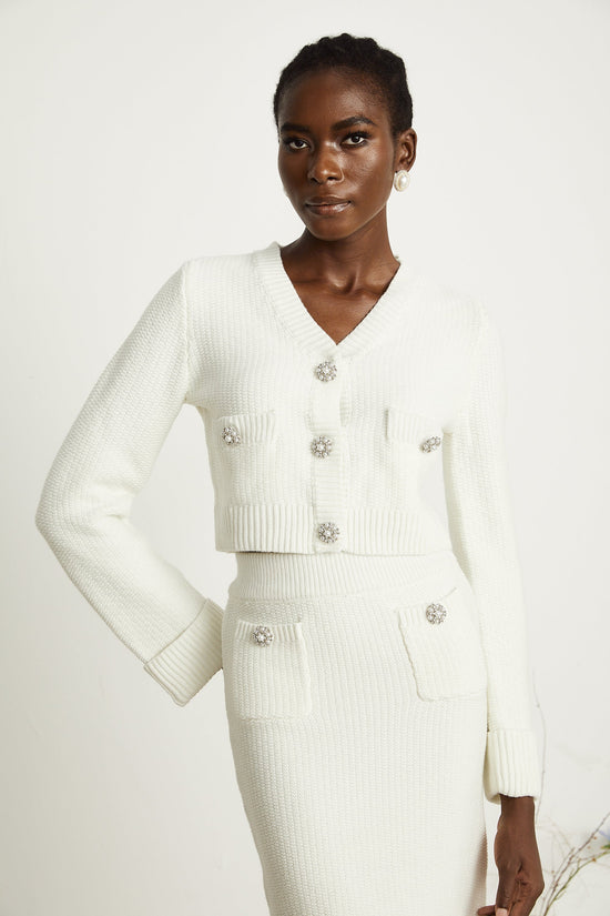 Clarisse white knitted cardigan & skirt matching set