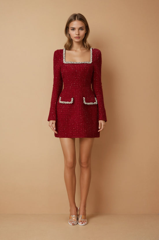Isabela Pearl Trim Square Neck Tweed Mini Dress