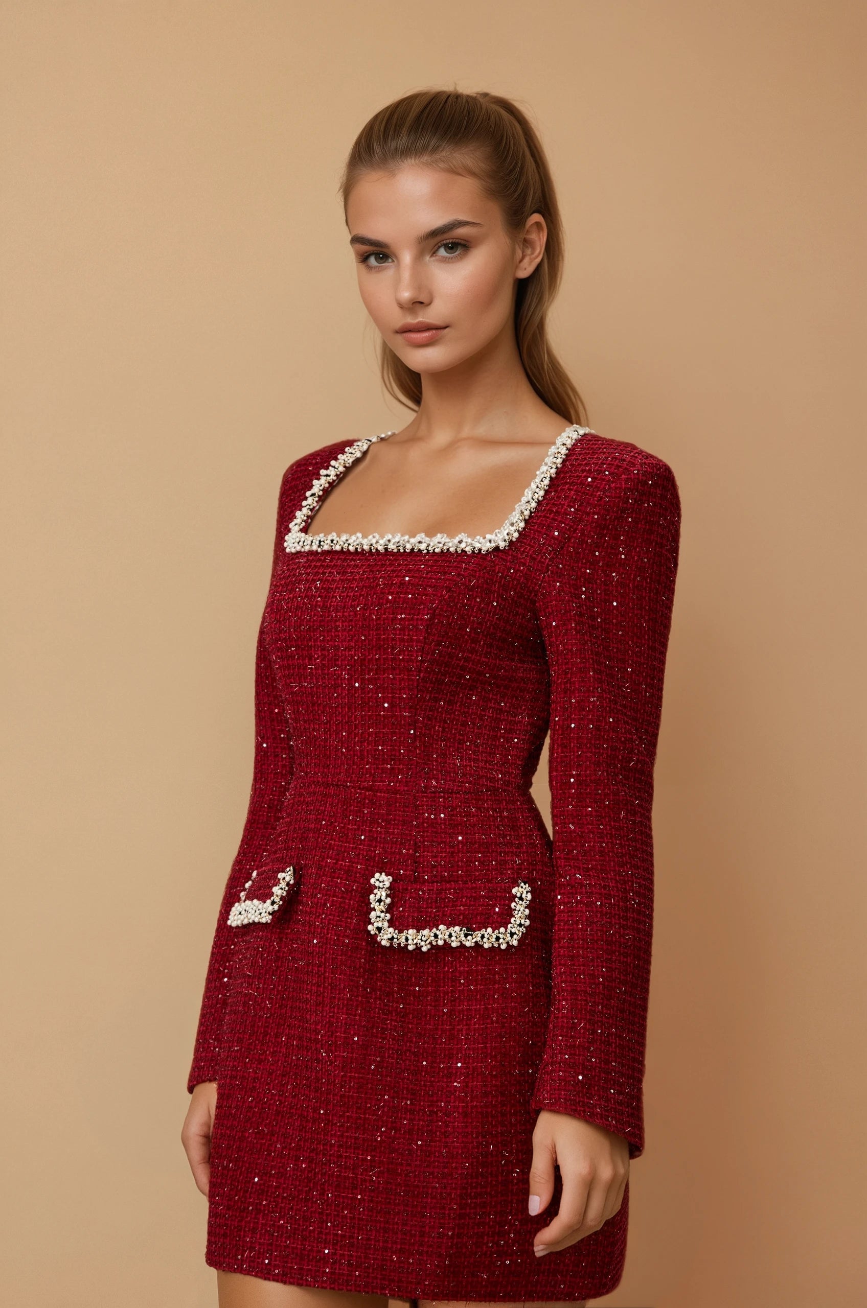 Isabela Pearl Trim Square Neck Tweed Mini Dress