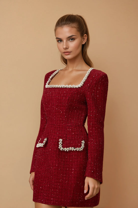 Isabela Pearl Trim Square Neck Tweed Mini Dress