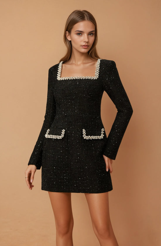 Isabela Pearl Trim Square Neck Tweed Mini Dress