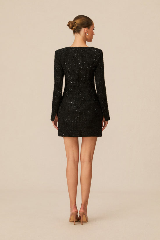 Isabela Pearl Trim Square Neck Tweed Mini Dress