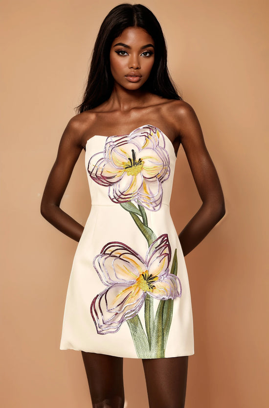 Irène White Off-Shoulder Sequin Floral Embroidered Mini Dress