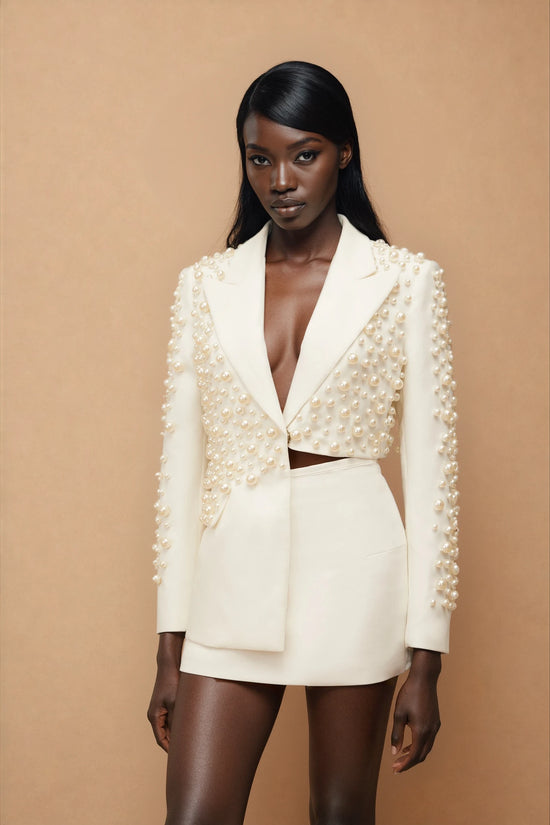 Joséphine White Faux Pearl Blazer & Skirt Set