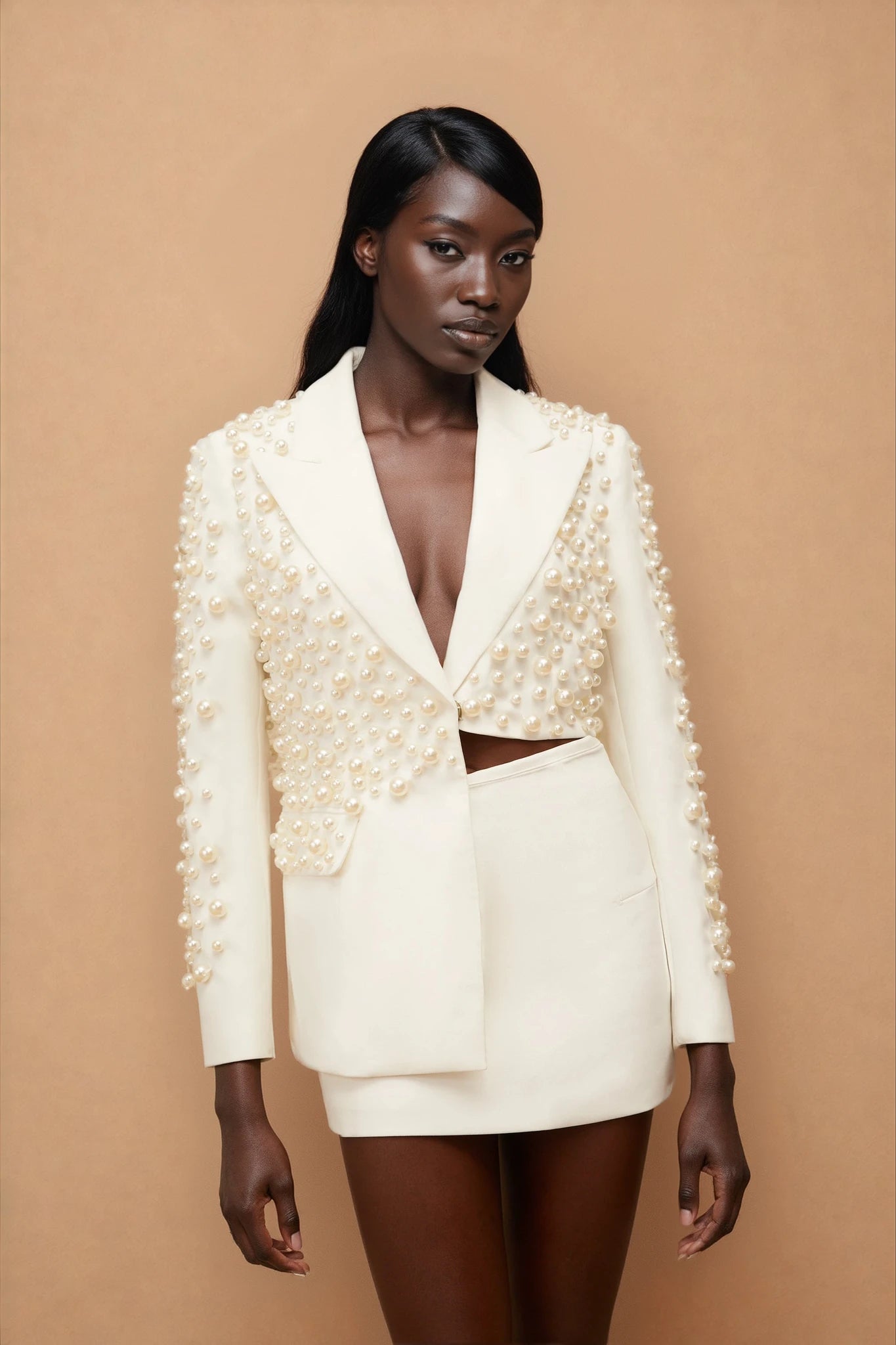 Joséphine White Faux Pearl Blazer & Skirt Set